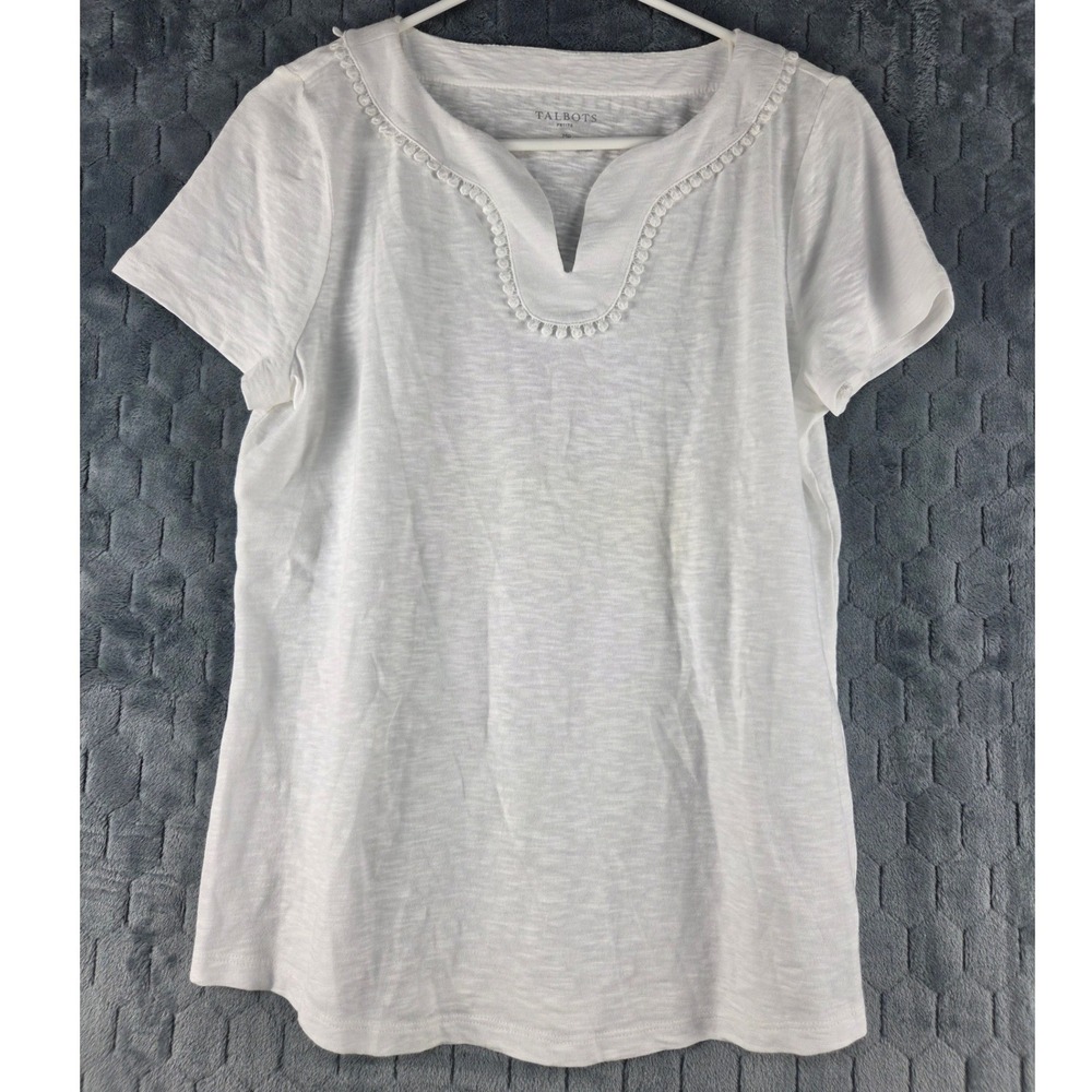 Talbots Petite White Slub Cotton Split Neck Tee Pom Pom Trim MP Short Sleeve